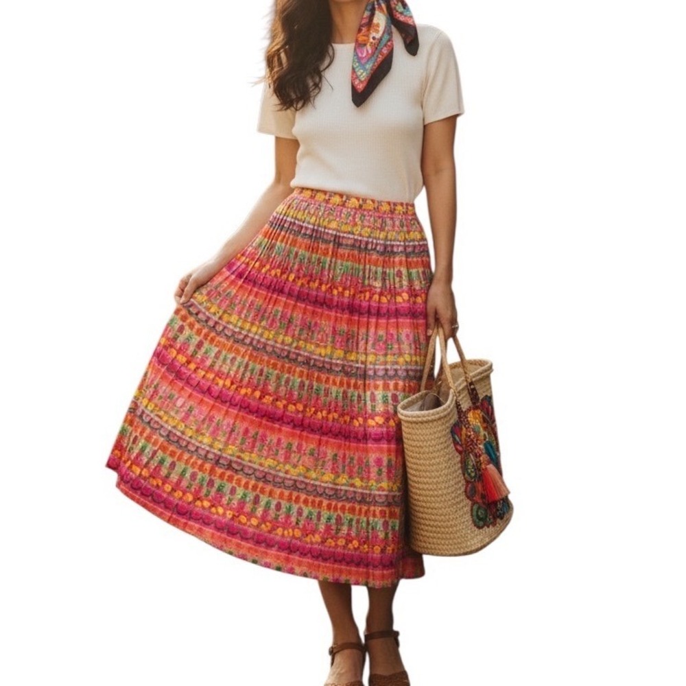 Lucky & Coco Pink Tropical Fruit Print Pleated‎ Midi Skirt Womens Elastic Waist